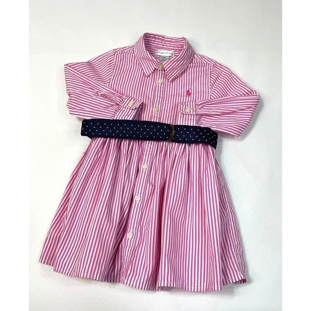 Ralph‎ Lauren Pink White Stripe Button Front Dress Navy Polka Dot Belt Size 12M